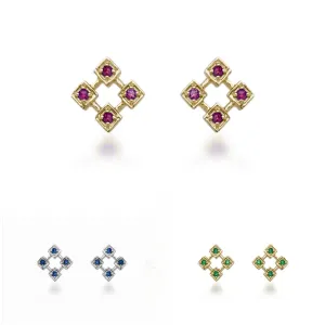 10K Ruby, Sapphire, or Emerald Diamond Shaped Stud Earrings