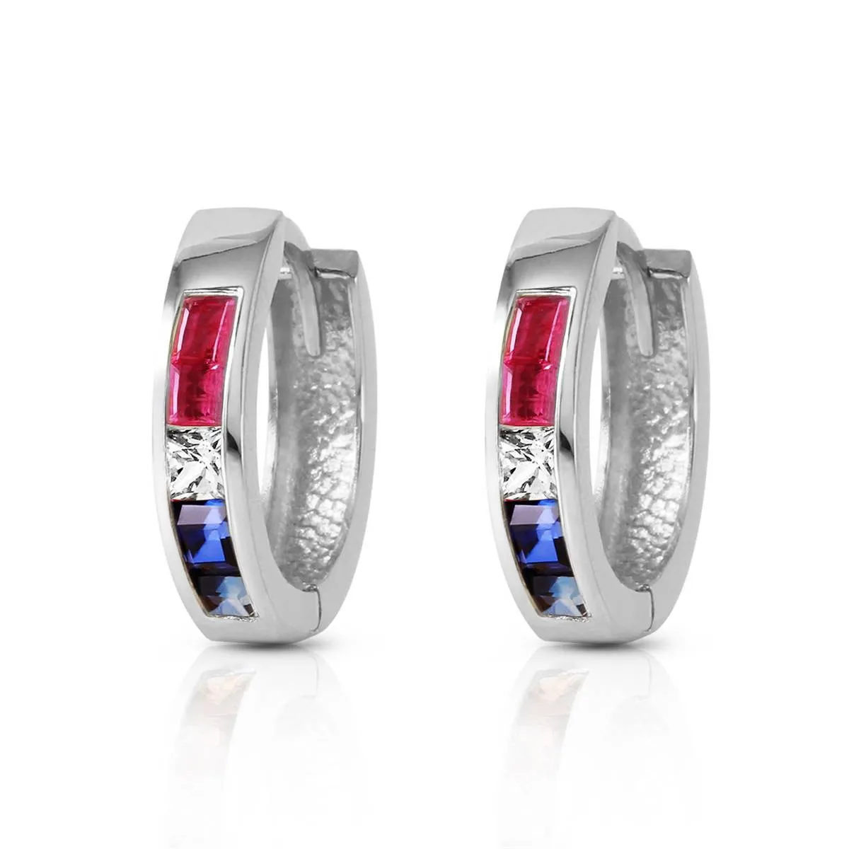 1.28 Carat 14K Solid White Gold Hoop Earrings Natural Multi Gemstones