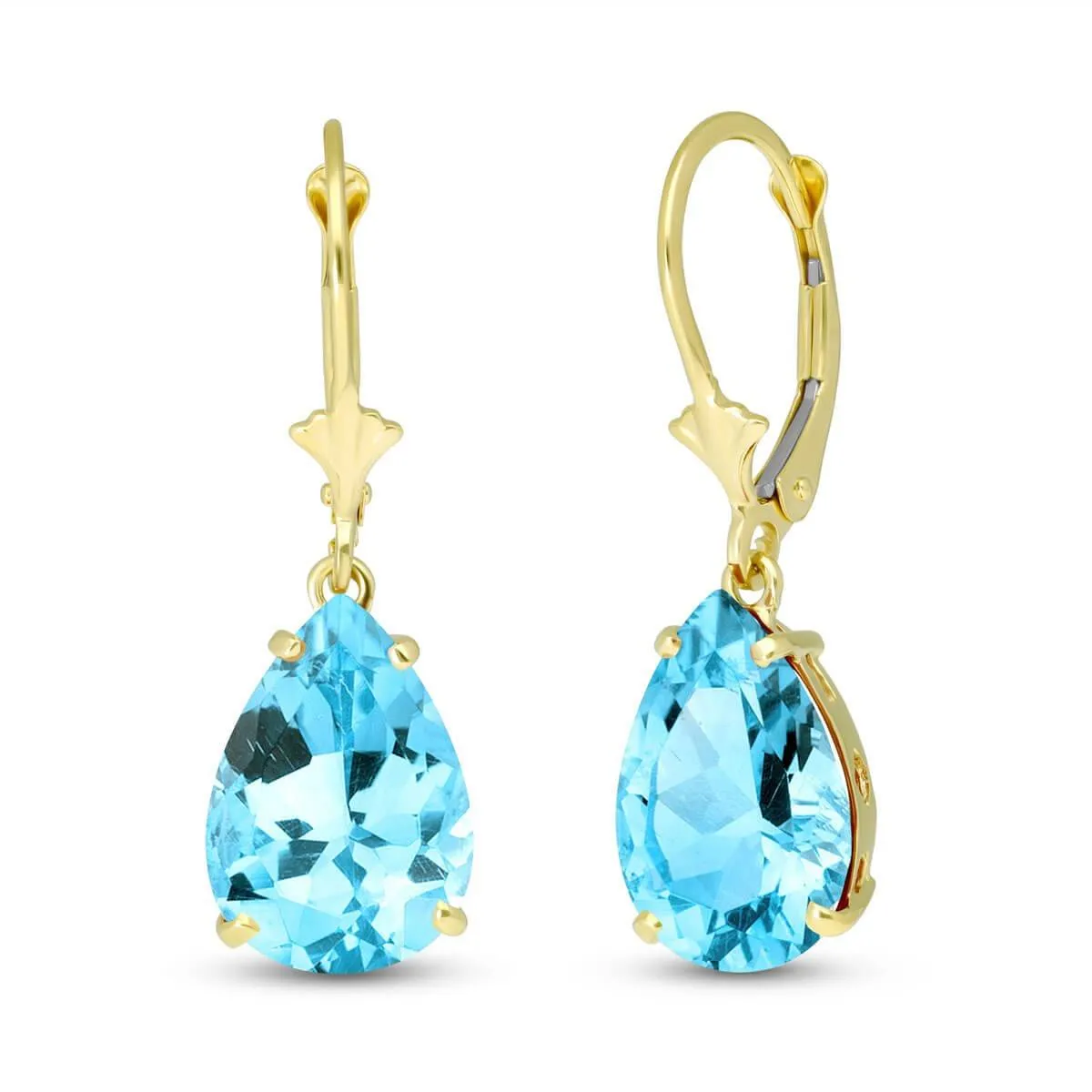 13 Carat 14K Solid Yellow Gold Leverback Earrings Natural Blue Topaz
