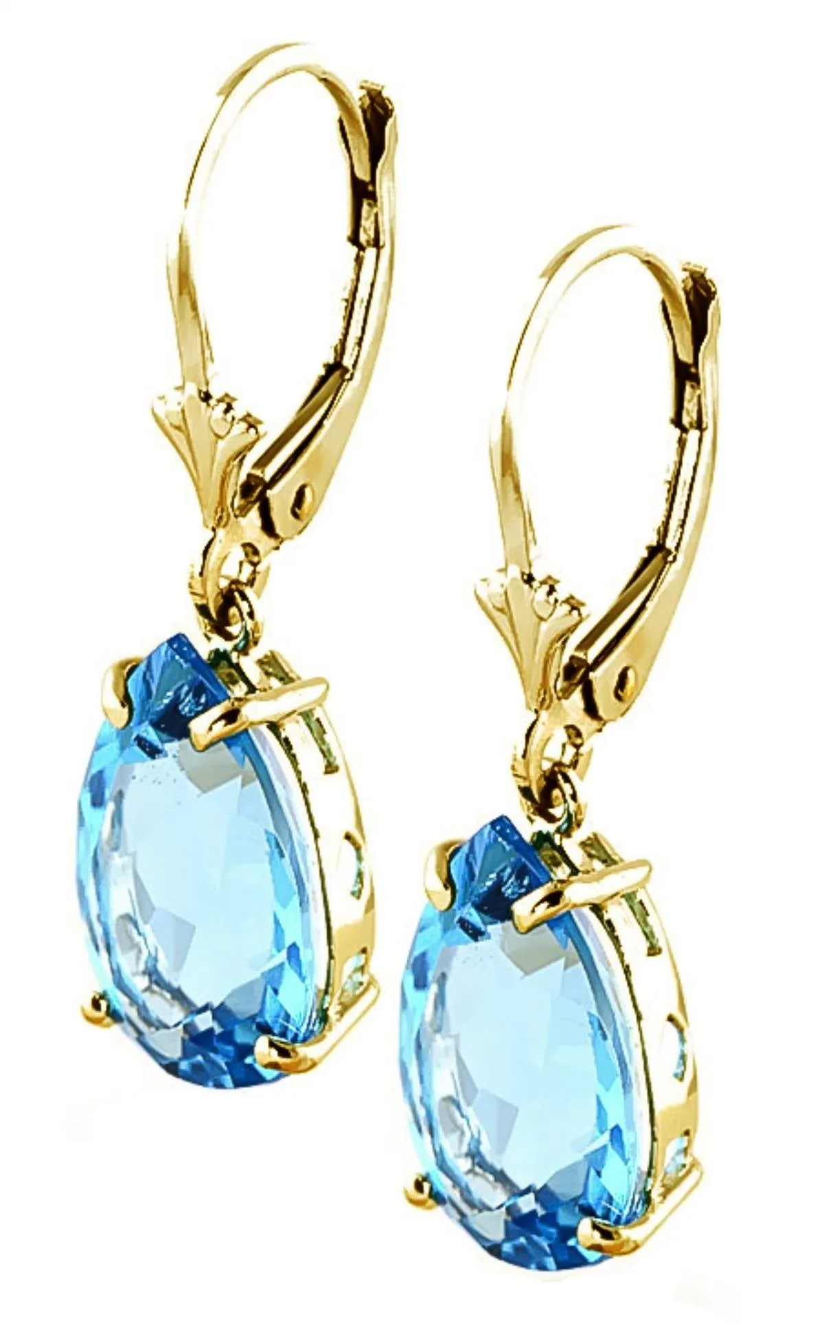 13 Carat 14K Solid Yellow Gold Leverback Earrings Natural Blue Topaz