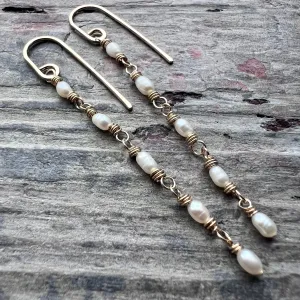14k Goldfill Pearl Earrings | Long Genuine Pearl Gold or Silver Dangle Earrings