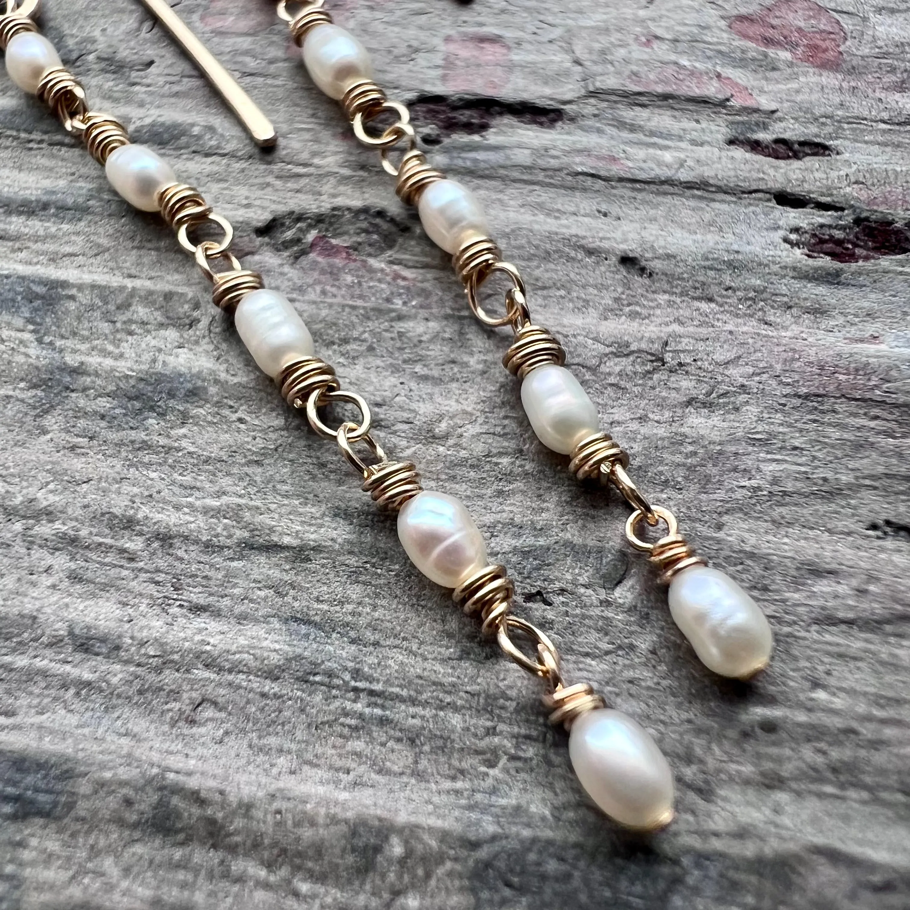 14k Goldfill Pearl Earrings | Long Genuine Pearl Gold or Silver Dangle Earrings