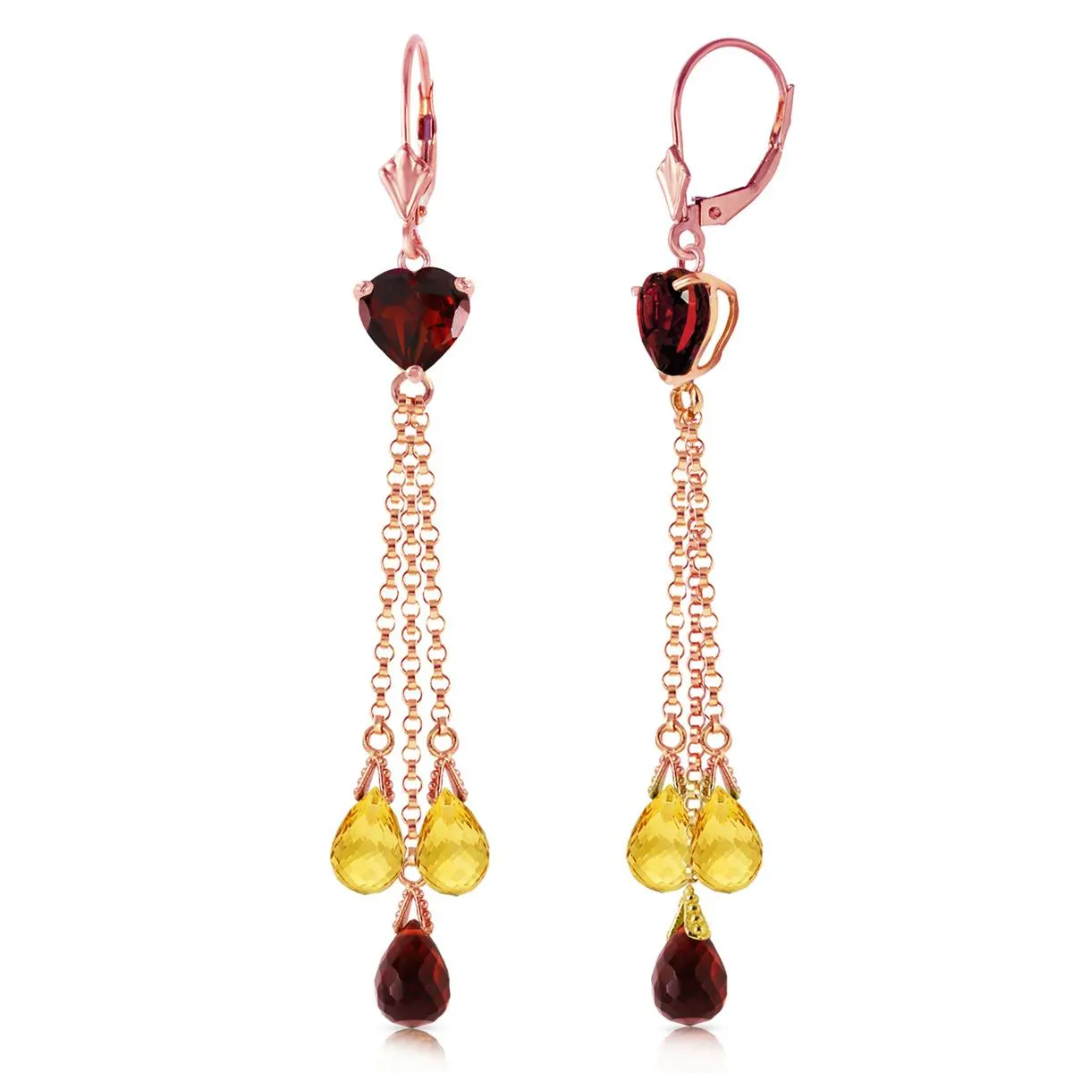 14K Solid Rose Gold Chandelier Earrings w/ Briolette Garnets & Citrines