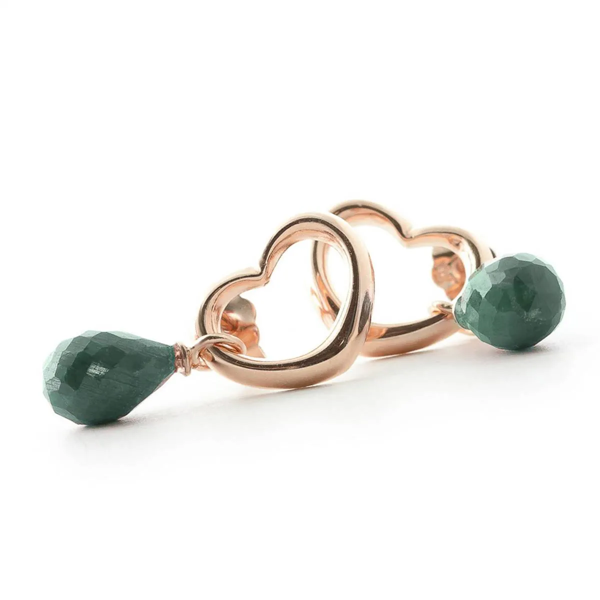 14K Solid Rose Gold Heart Earrings w/ Dangling Natural Emeralds