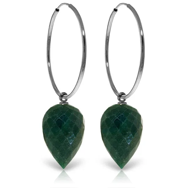 14K Solid White Gold Hoop Earrings w/ Pointy Briolette Emerald Color Corundum