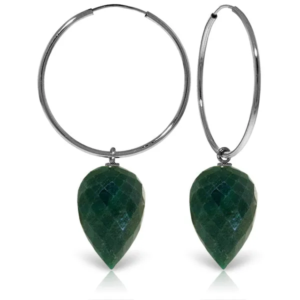 14K Solid White Gold Hoop Earrings w/ Pointy Briolette Emerald Color Corundum