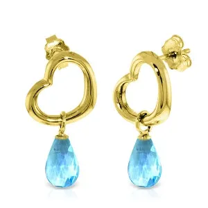 14K Solid Yellow Gold Heart Earrings w/ Dangling Natural Blue Topaz