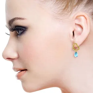 14K Solid Yellow Gold Heart Earrings w/ Dangling Natural Blue Topaz