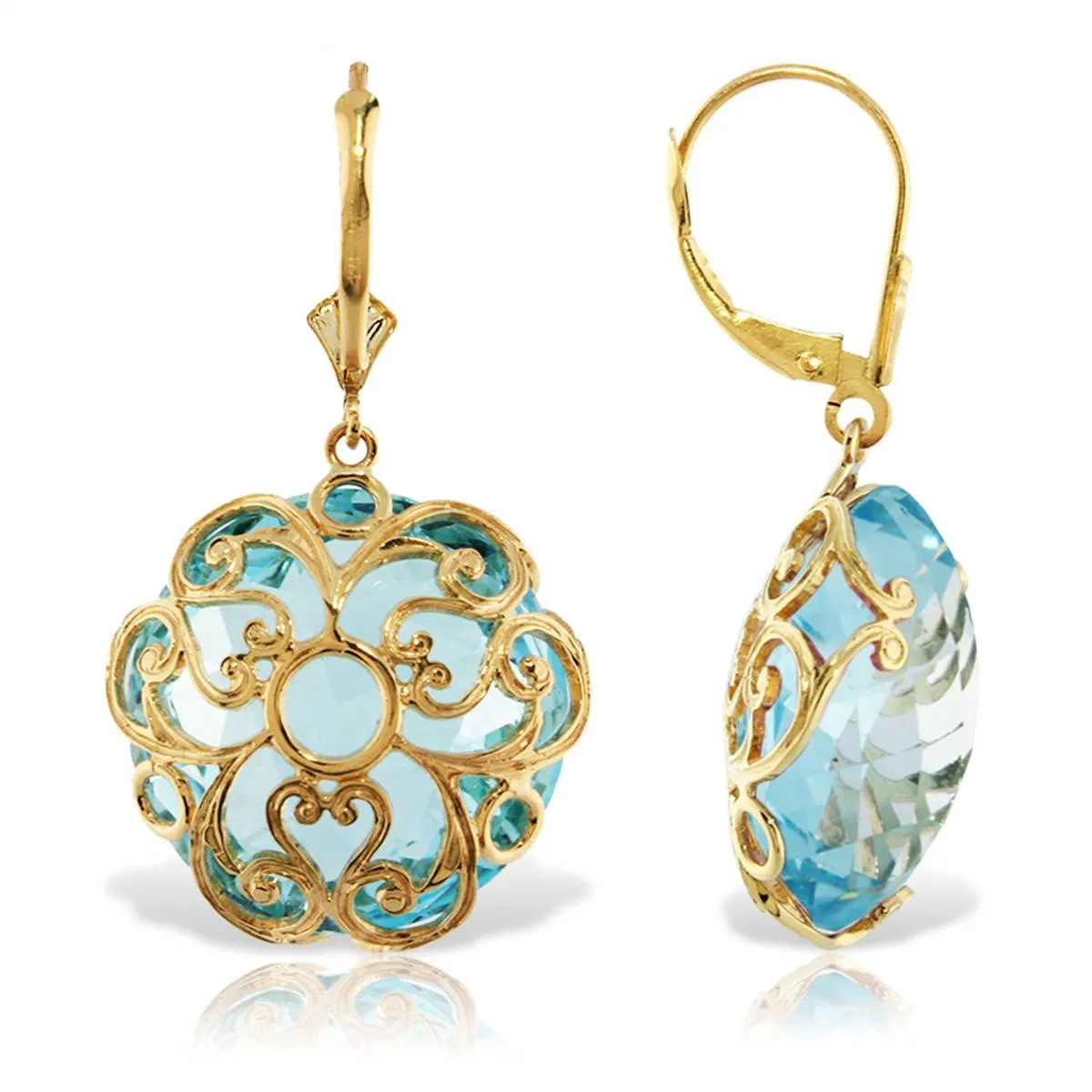 14K Solid Yellow Gold Leverback Round Blue Topaz Earrings