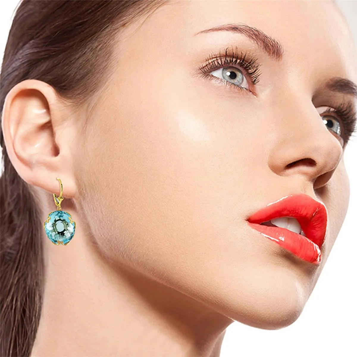 14K Solid Yellow Gold Leverback Round Blue Topaz Earrings