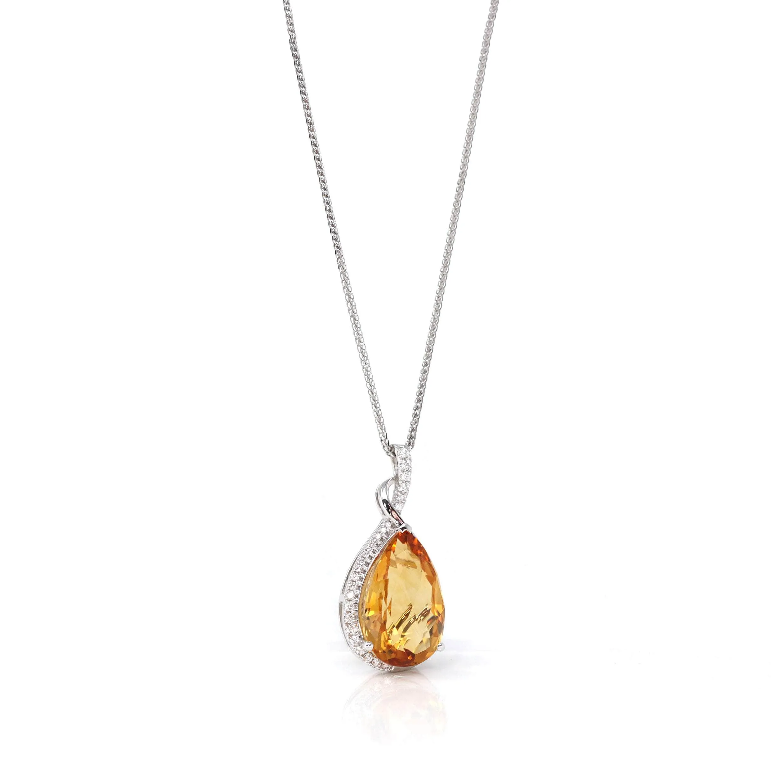 14k White Gold AAA Citrine Tear Drop Necklace with Diamonds