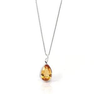 14k White Gold AAA Citrine Tear Drop Necklace with Diamonds