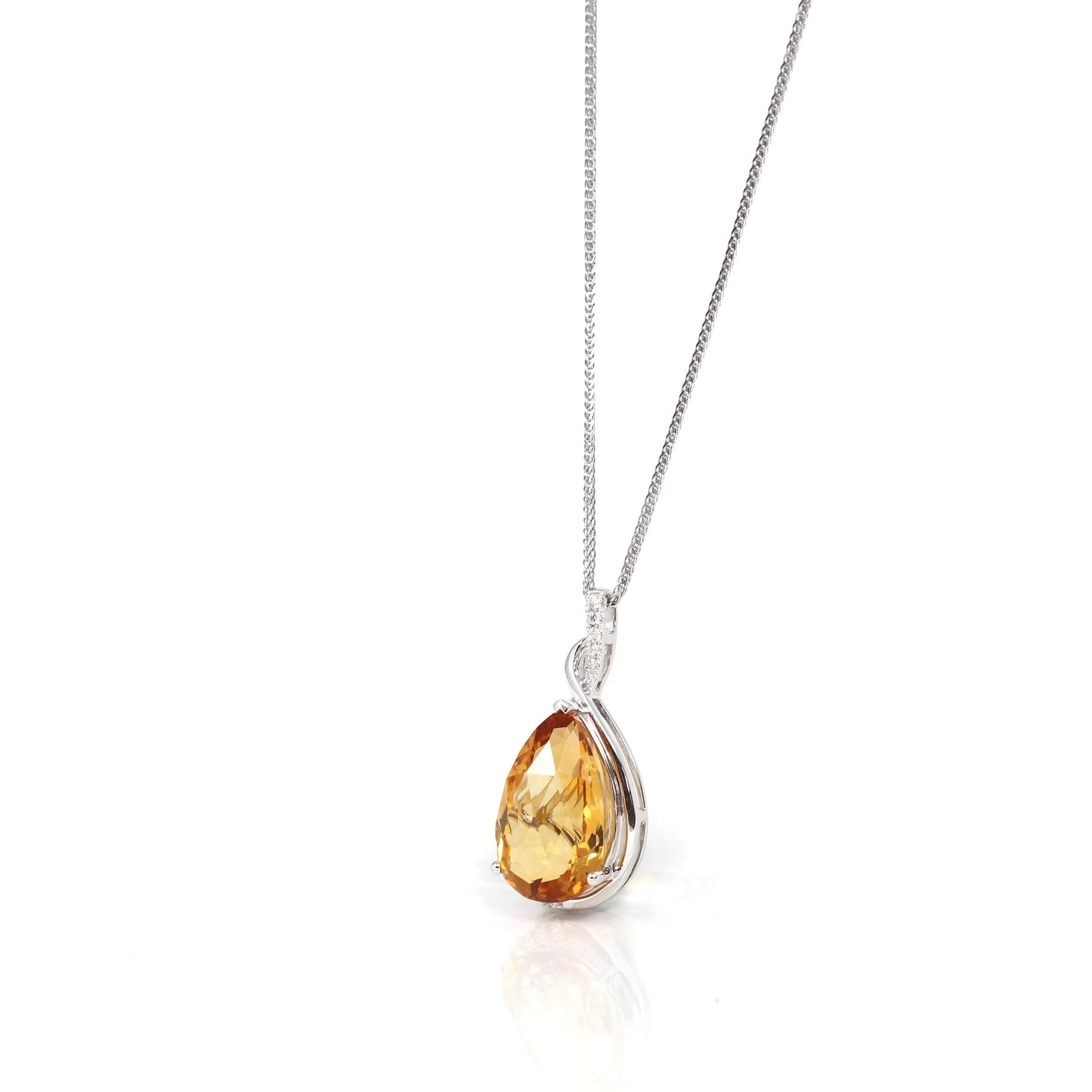14k White Gold AAA Citrine Tear Drop Necklace with Diamonds
