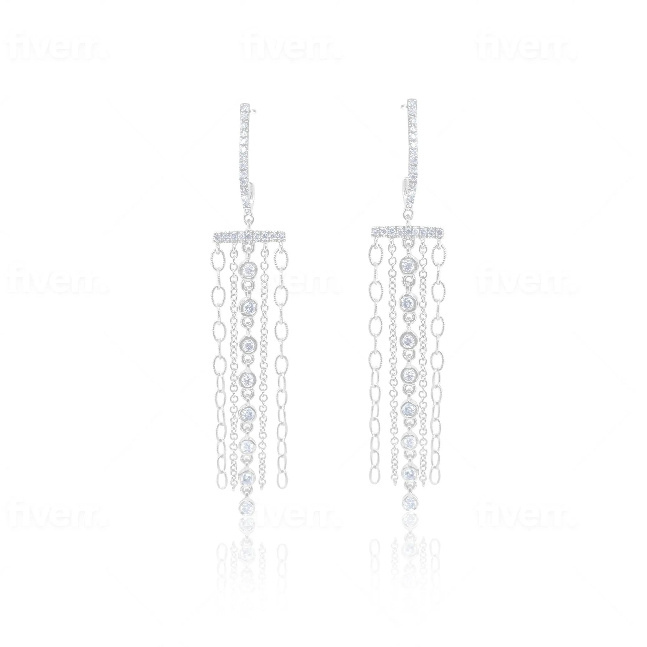 14K White Gold Diamond Chain Dangle Earring