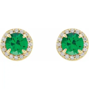 14K Yellow 4 mm Lab-Grown Emerald & 1/10 CTW Natural Diamond Earrings