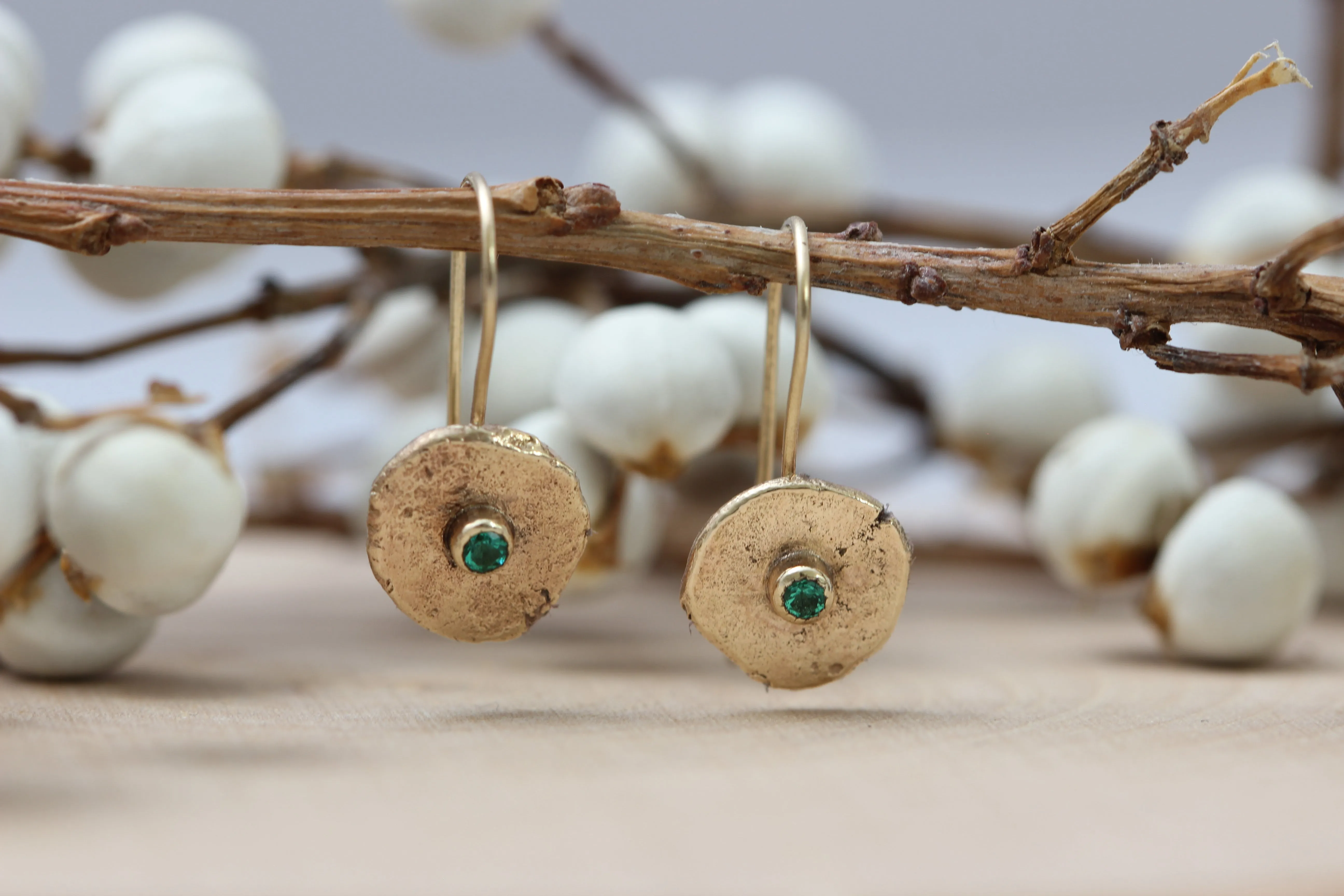 14k Yellow Gold Dangle Earrings with Emeralds