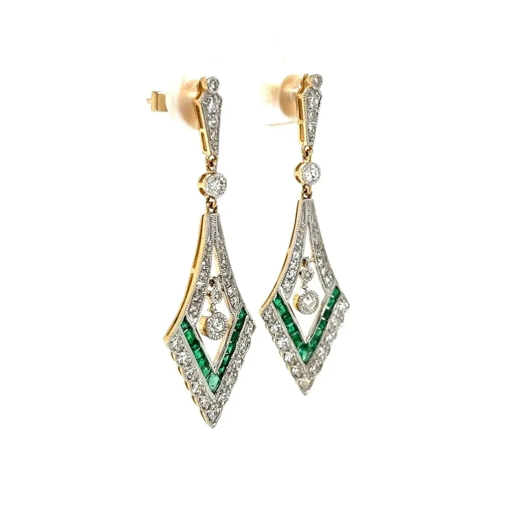 14K YG .83tcw Diamond & .43tcw Emerald V Drop Milgrain Earrings Regard Jewelry Austin, Texas