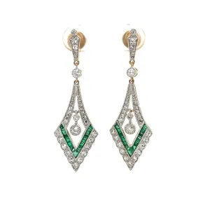 14K YG .83tcw Diamond & .43tcw Emerald V Drop Milgrain Earrings Regard Jewelry Austin, Texas