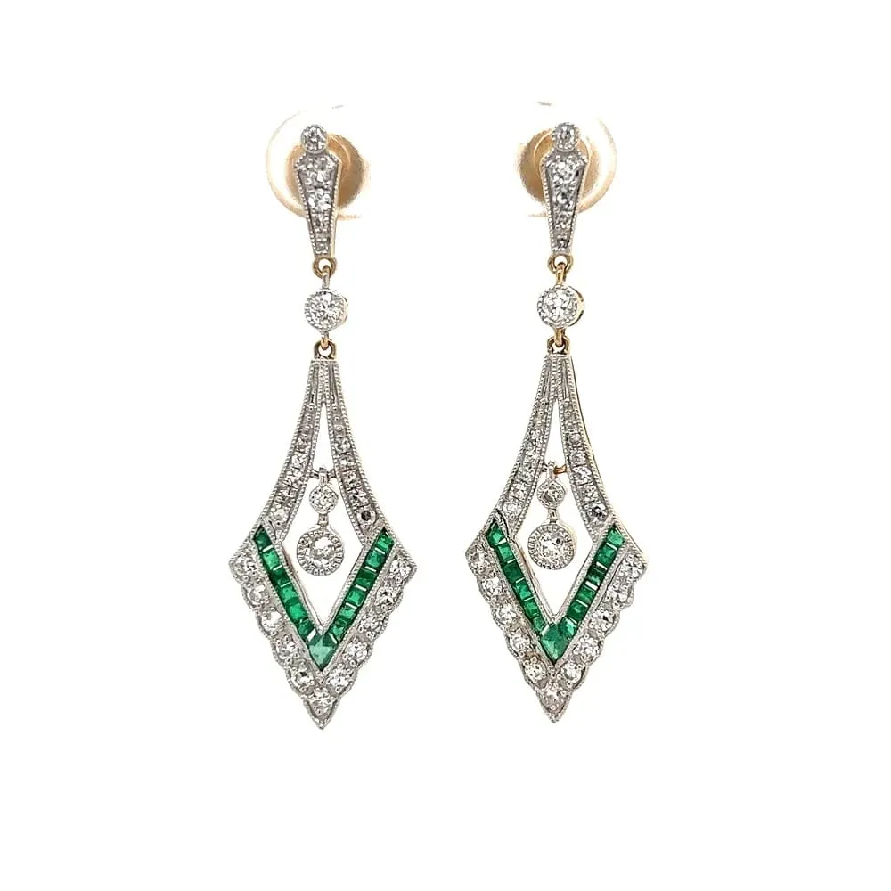 14K YG .83tcw Diamond & .43tcw Emerald V Drop Milgrain Earrings Regard Jewelry Austin, Texas
