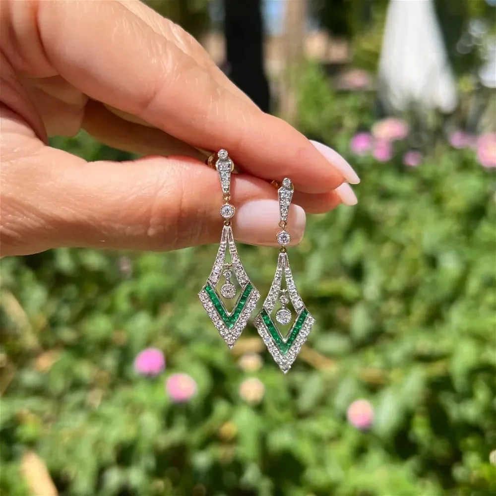 14K YG .83tcw Diamond & .43tcw Emerald V Drop Milgrain Earrings Regard Jewelry Austin, Texas