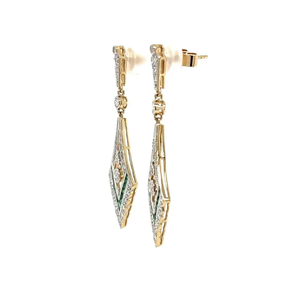 14K YG .83tcw Diamond & .43tcw Emerald V Drop Milgrain Earrings Regard Jewelry Austin, Texas