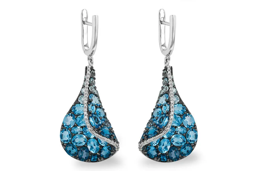 14KT White Gold Stained Glass Blue Topaz Dangle Earrings