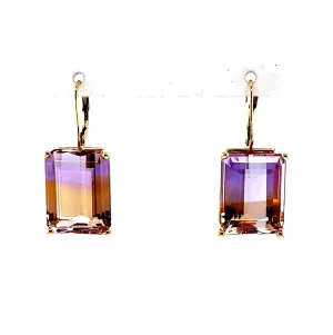 14KY Gold Emerald Cut Bicolor Ametrine Fashion Earrings