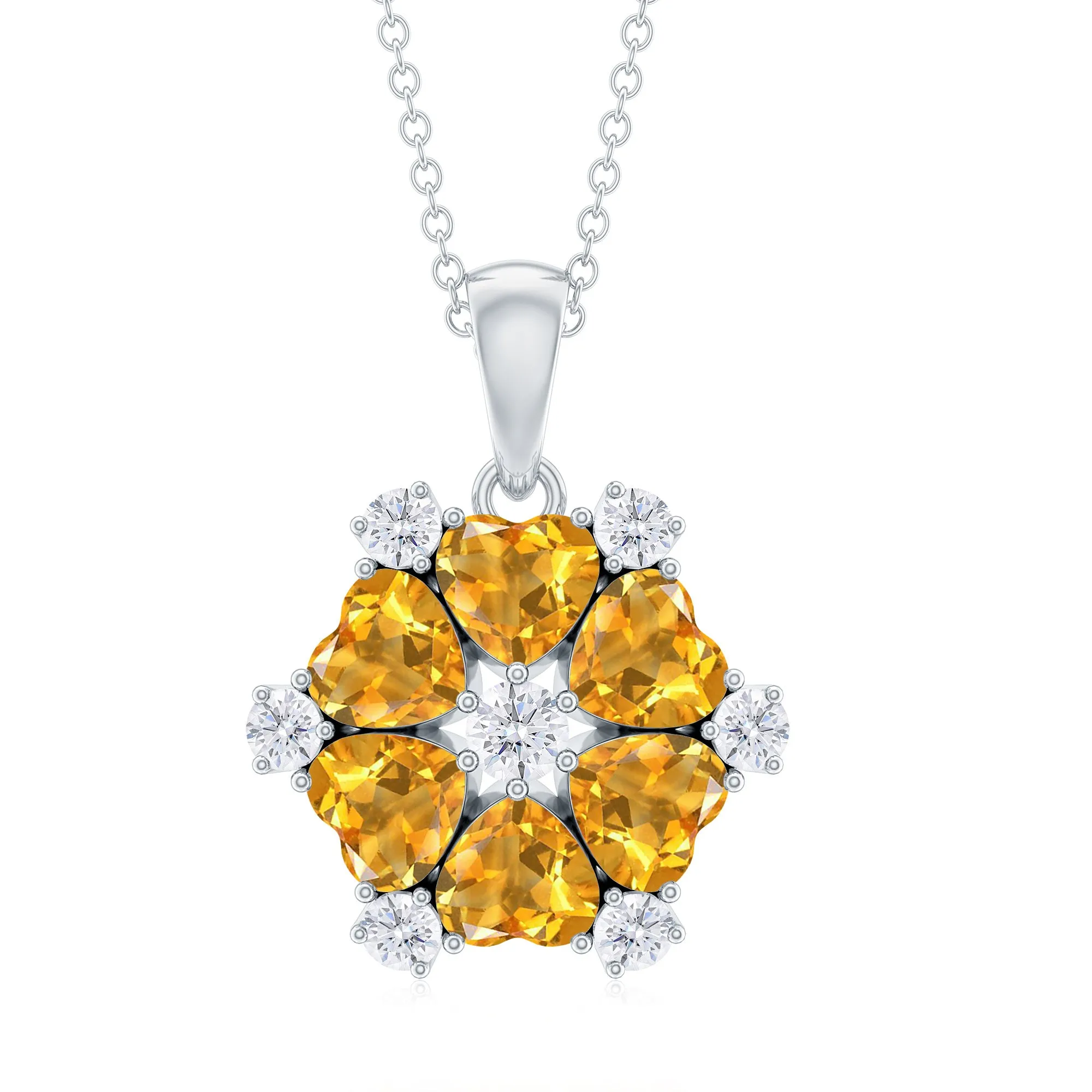 1.75 CT Heart Shape Citrine and Diamond Flower Pendant