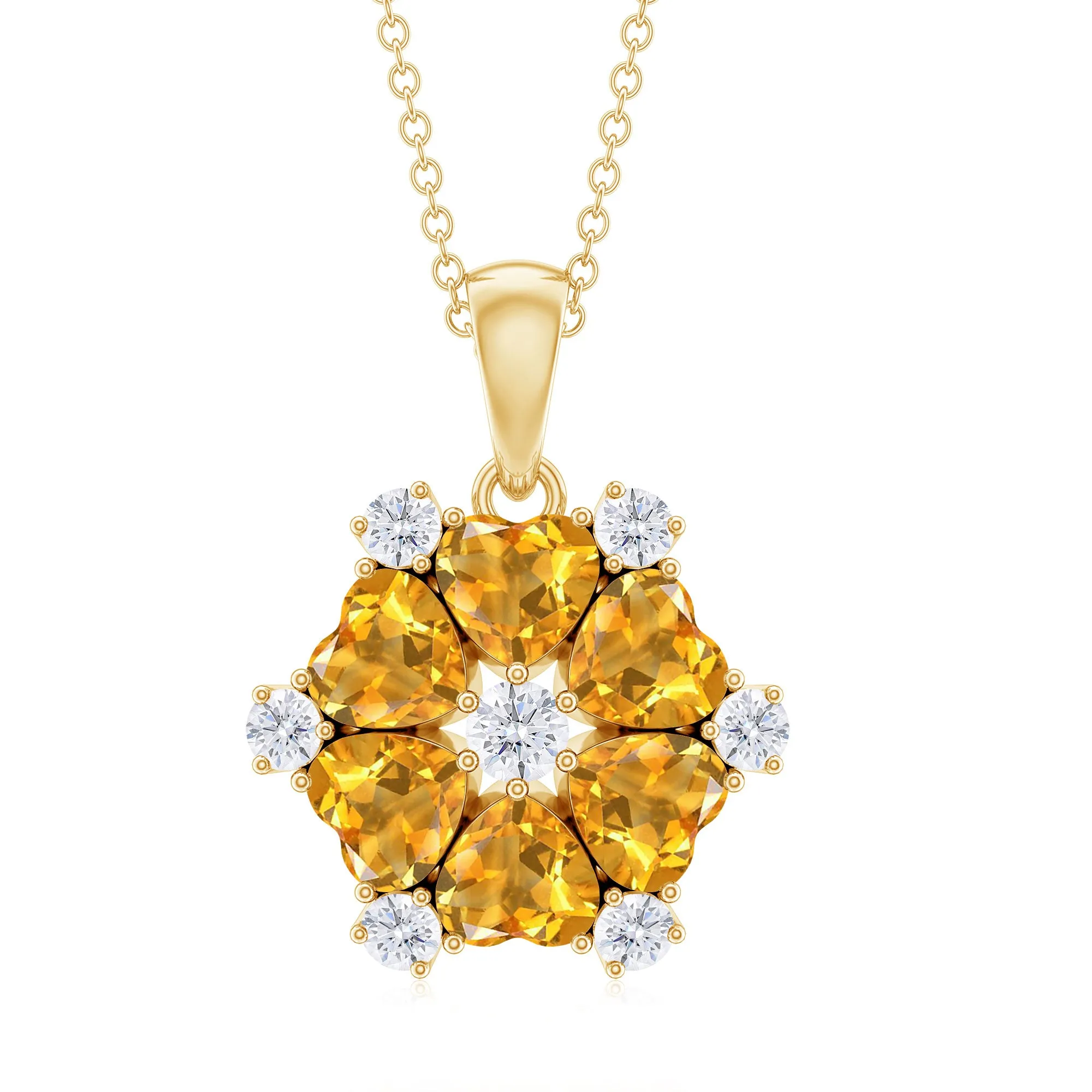 1.75 CT Heart Shape Citrine and Diamond Flower Pendant