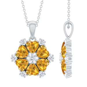 1.75 CT Heart Shape Citrine and Diamond Flower Pendant