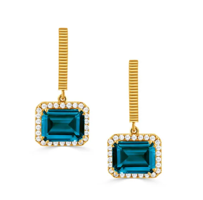 18k Yellow Gold London Blue Topaz & Diamond Textured Drop Earrings (I9012)