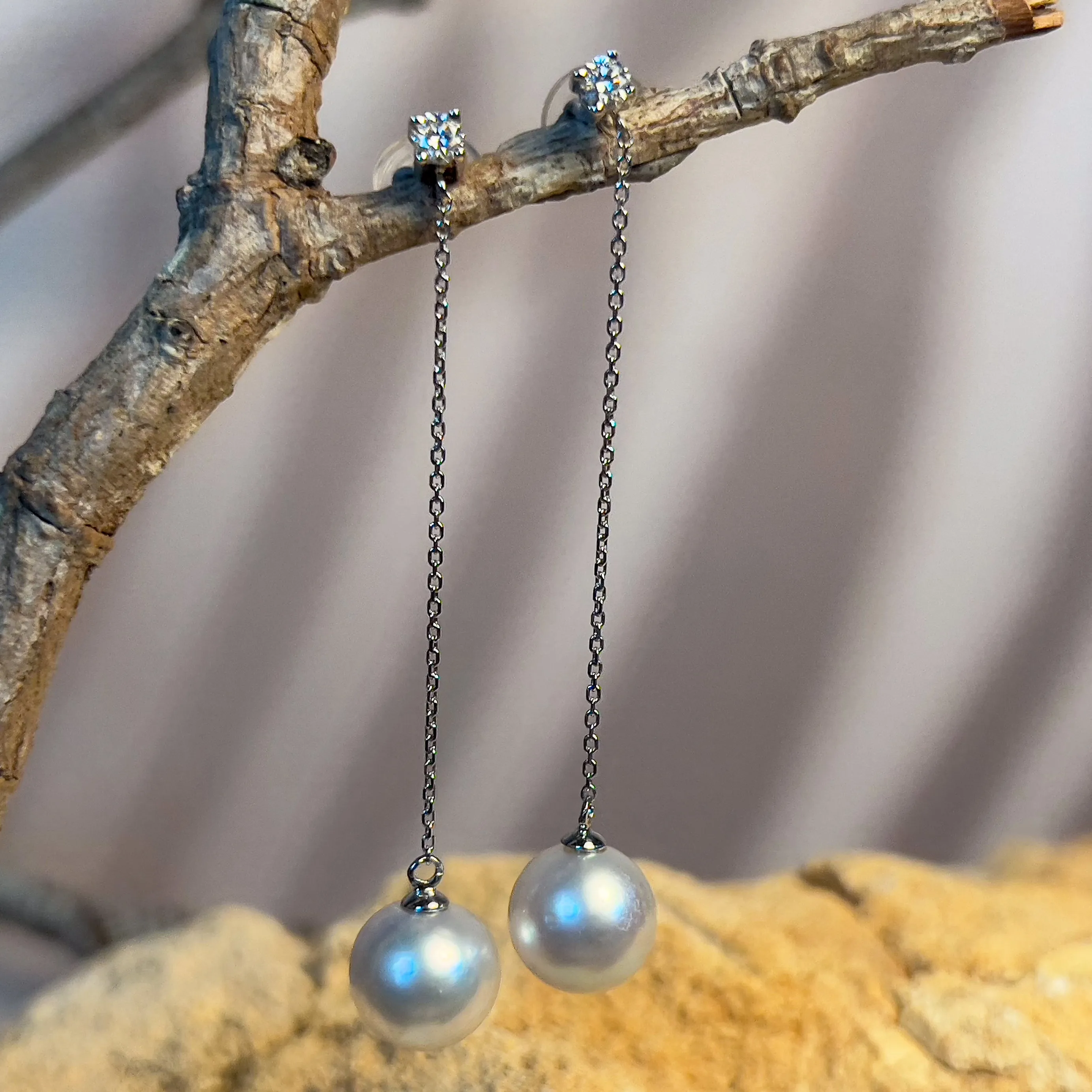 18kt White Gold dangling 8.5-9mm South Sea Pearl and diamond dangling earrings