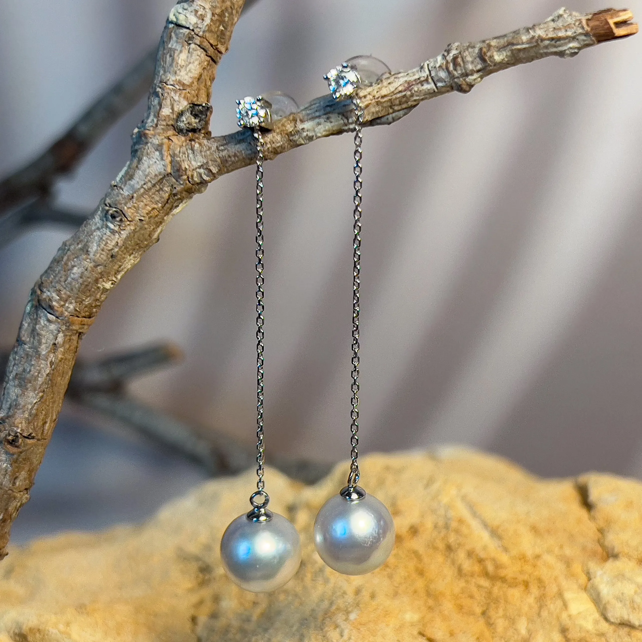 18kt White Gold dangling 8.5-9mm South Sea Pearl and diamond dangling earrings