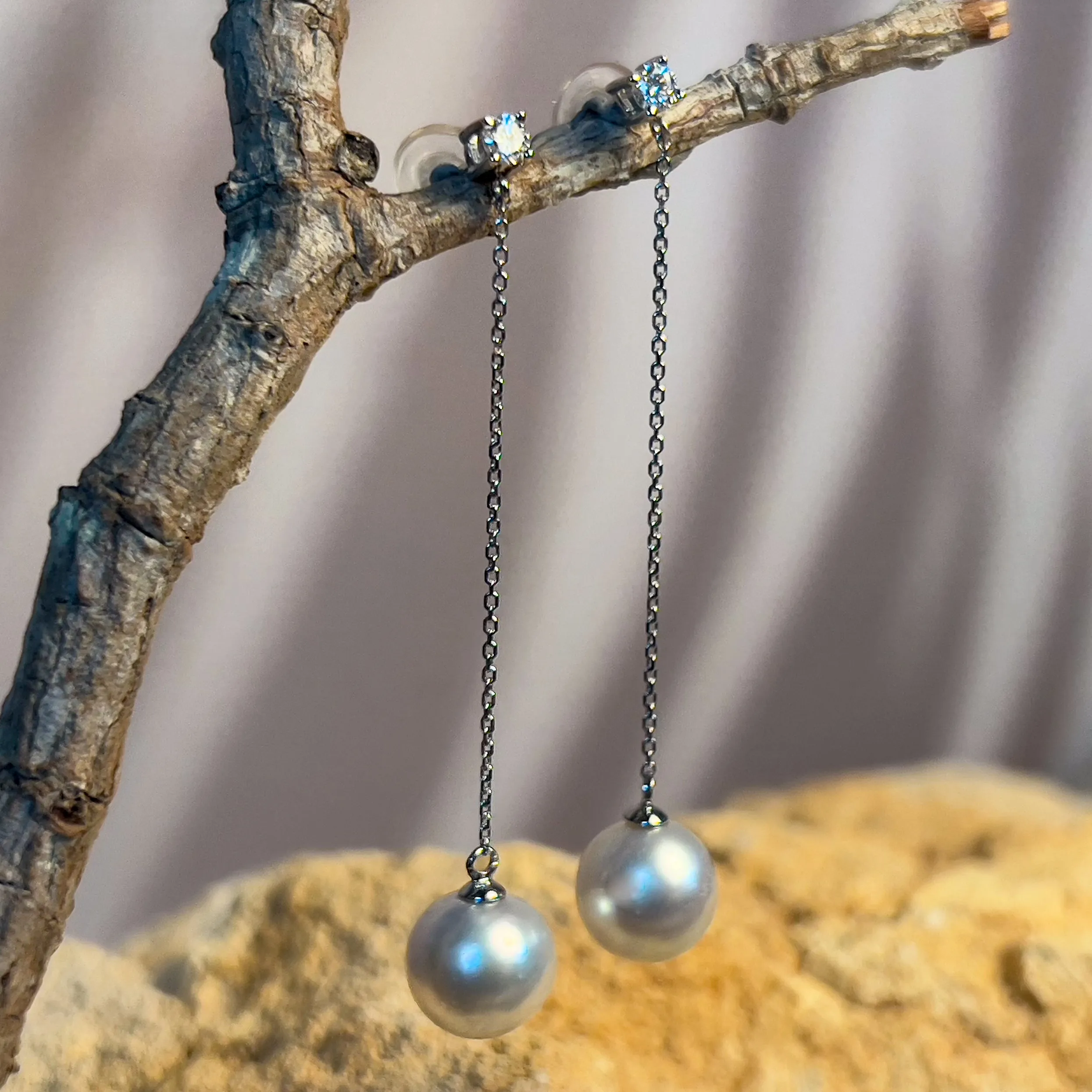 18kt White Gold dangling 8.5-9mm South Sea Pearl and diamond dangling earrings
