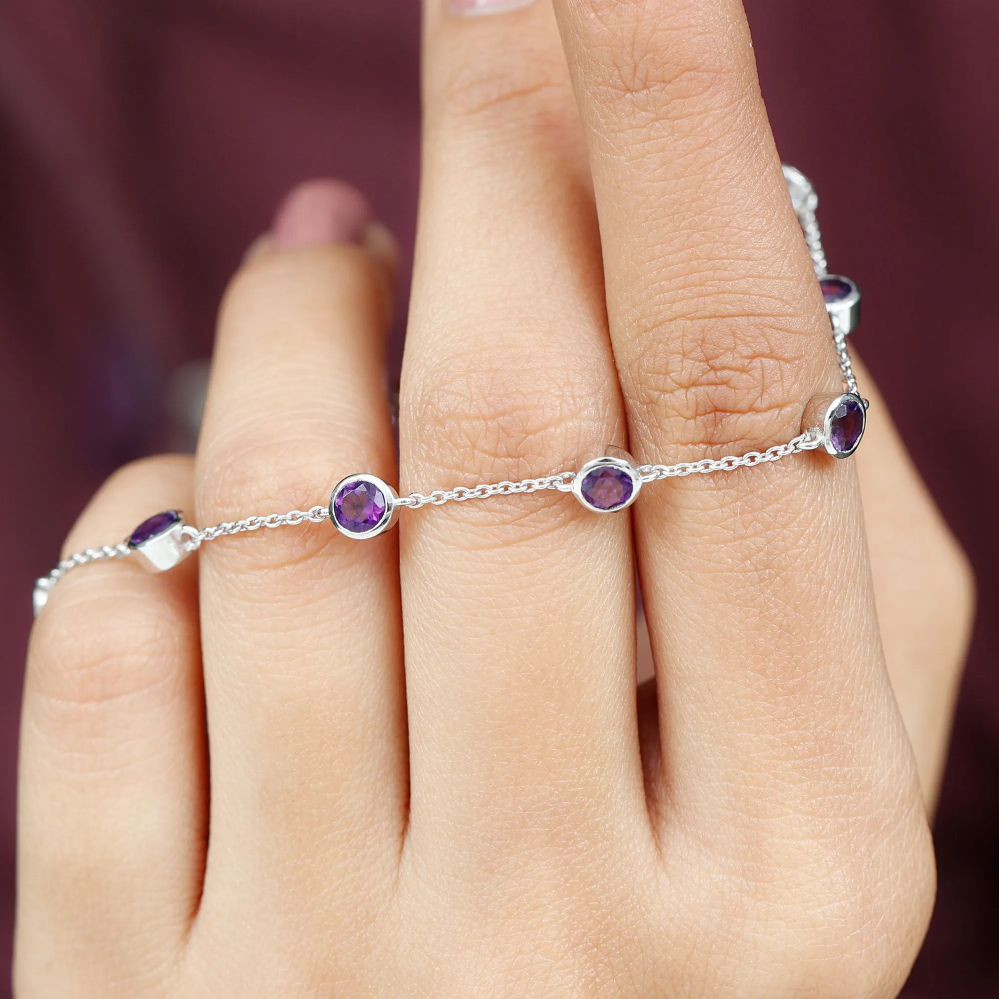 2 CT Bezel Set Amethyst Station Chain Bracelet