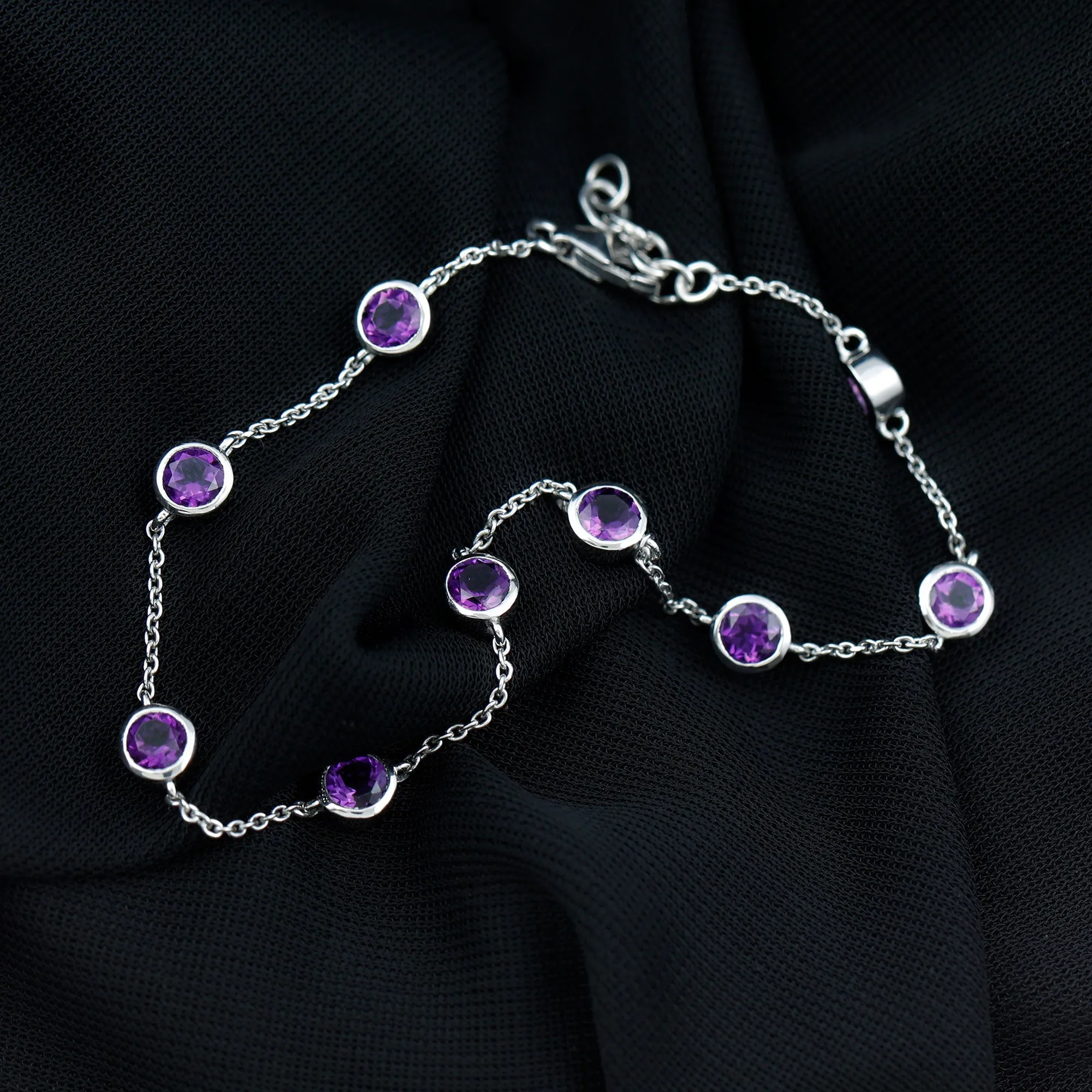2 CT Bezel Set Amethyst Station Chain Bracelet
