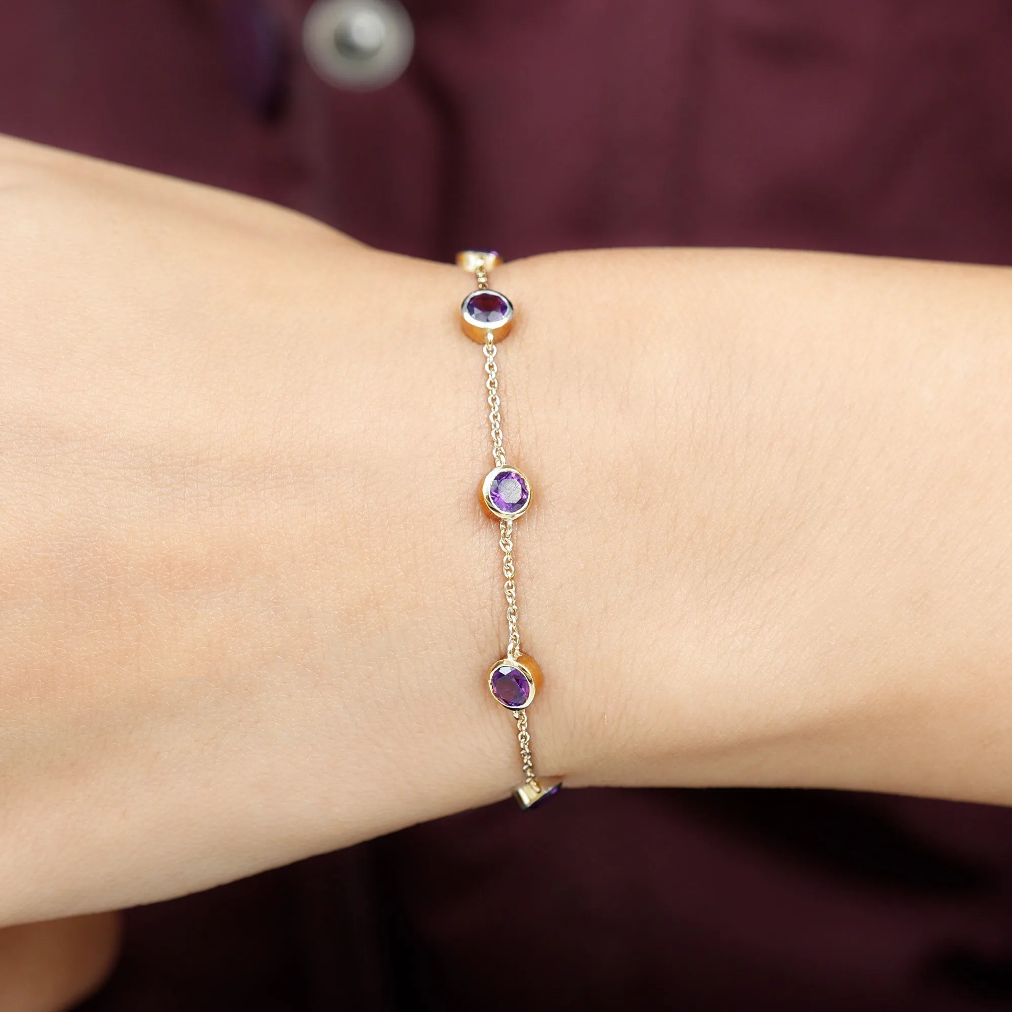 2 CT Bezel Set Amethyst Station Chain Bracelet