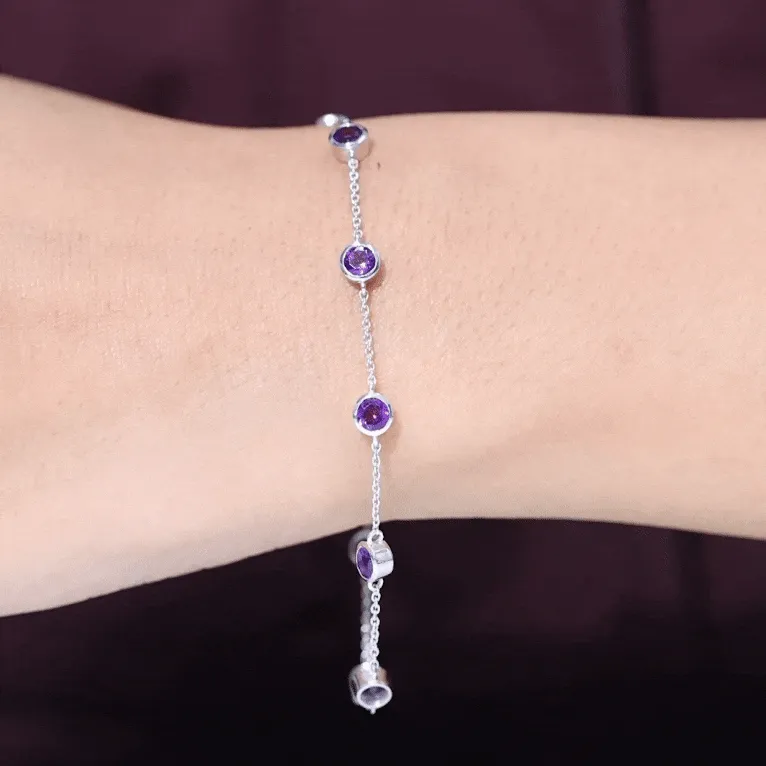 2 CT Bezel Set Amethyst Station Chain Bracelet