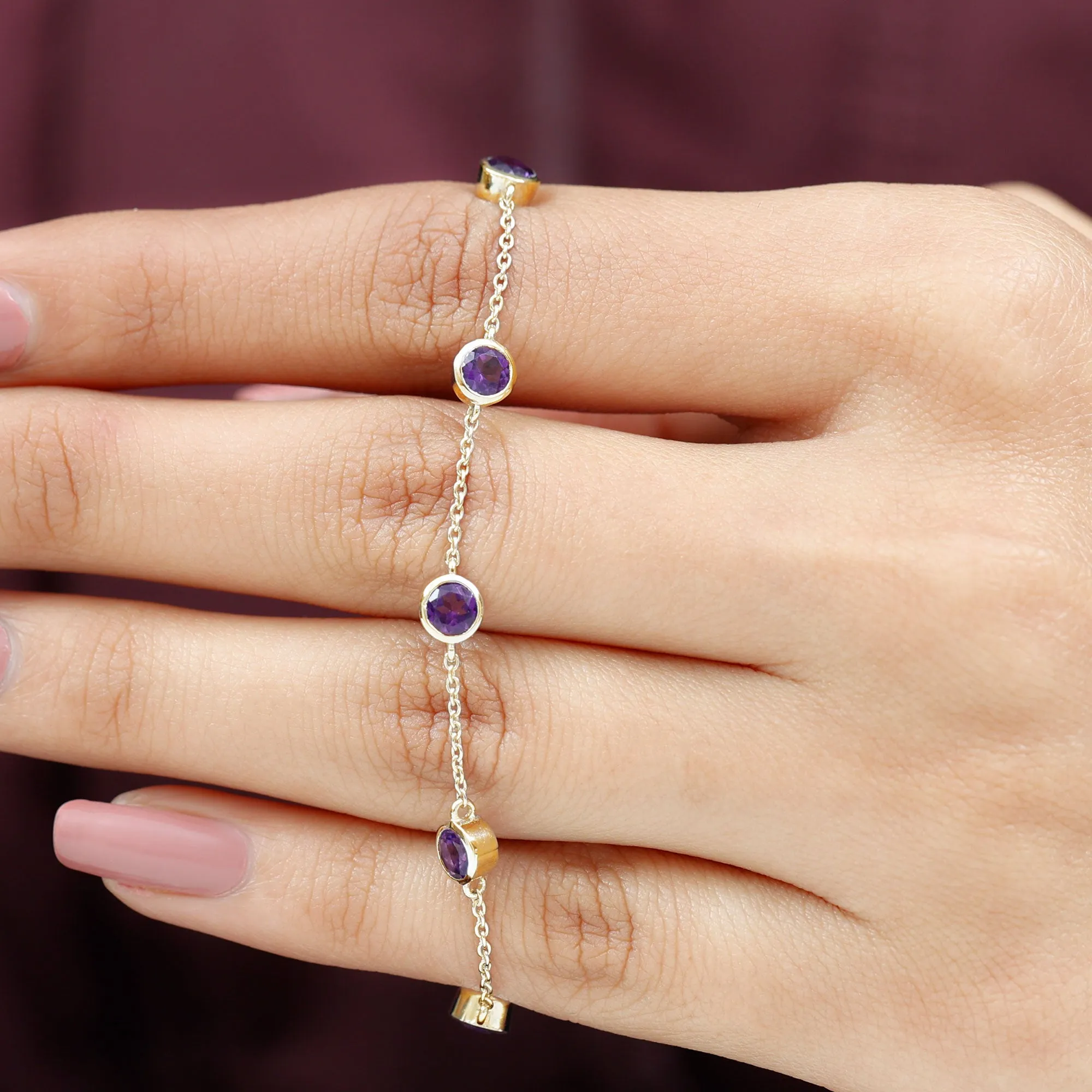 2 CT Bezel Set Amethyst Station Chain Bracelet