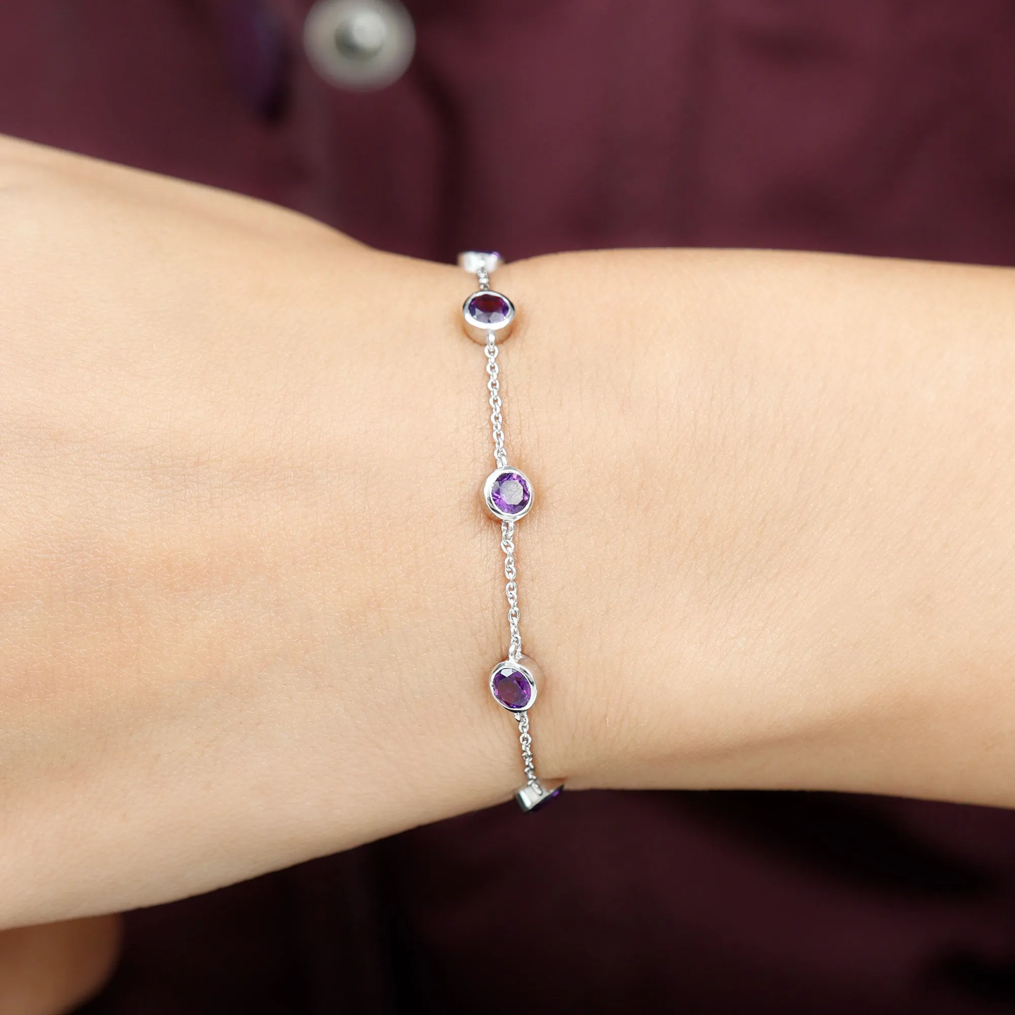 2 CT Bezel Set Amethyst Station Chain Bracelet