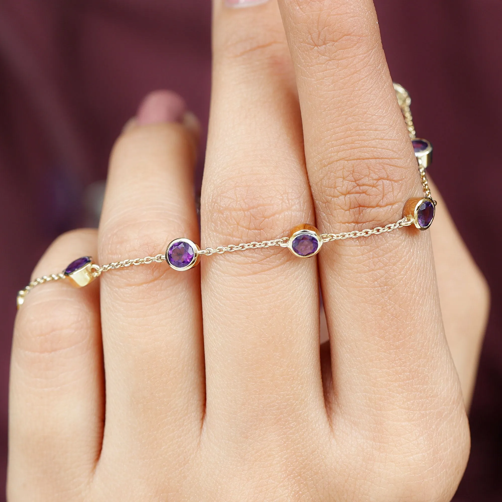 2 CT Bezel Set Amethyst Station Chain Bracelet