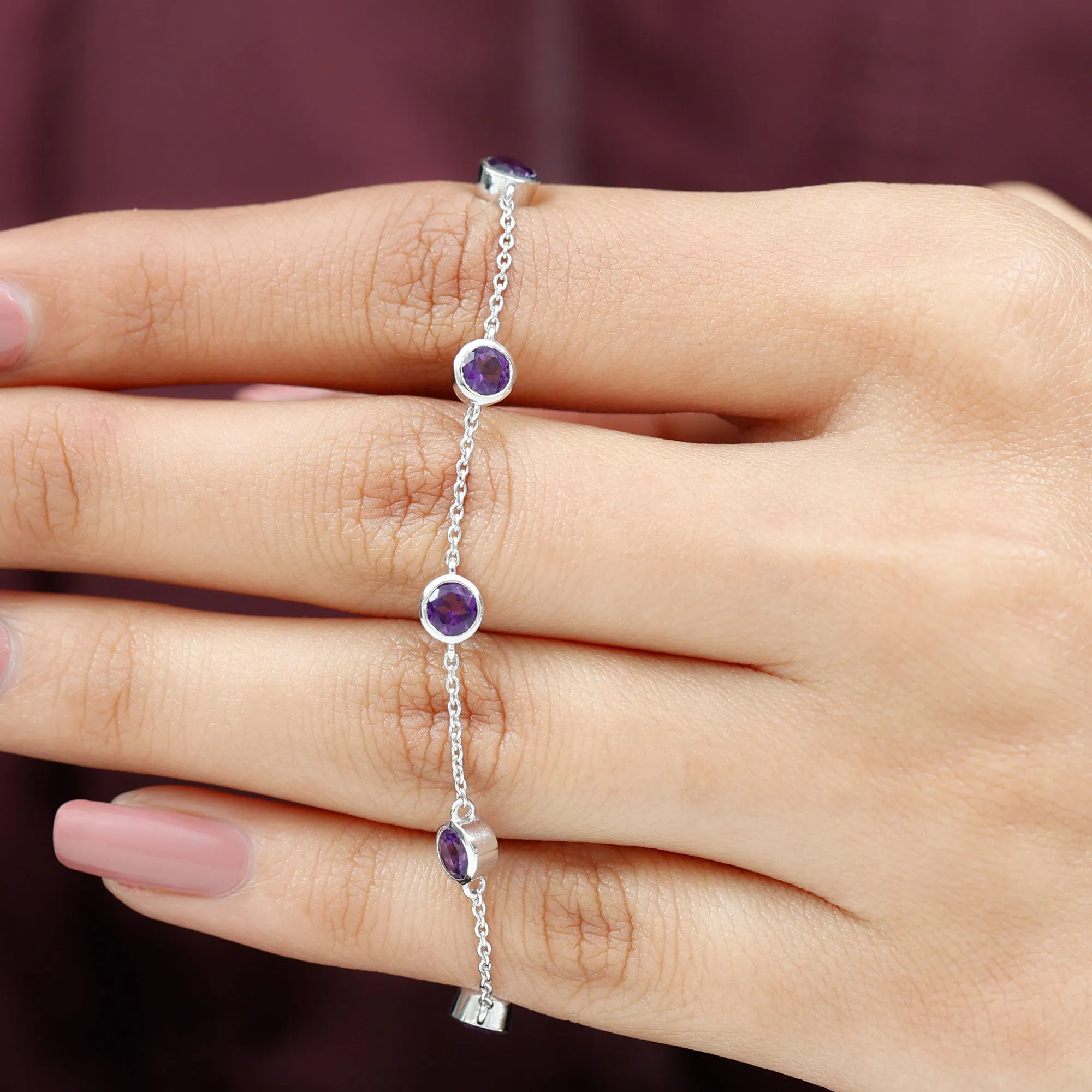 2 CT Bezel Set Amethyst Station Chain Bracelet