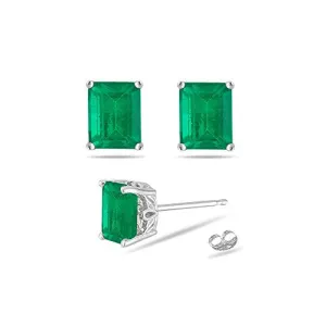2.75-3.47 Cts of 8x6 mm AA Emerald-Cut Natural Emerald Scroll Stud Earrings in 18K White Gold