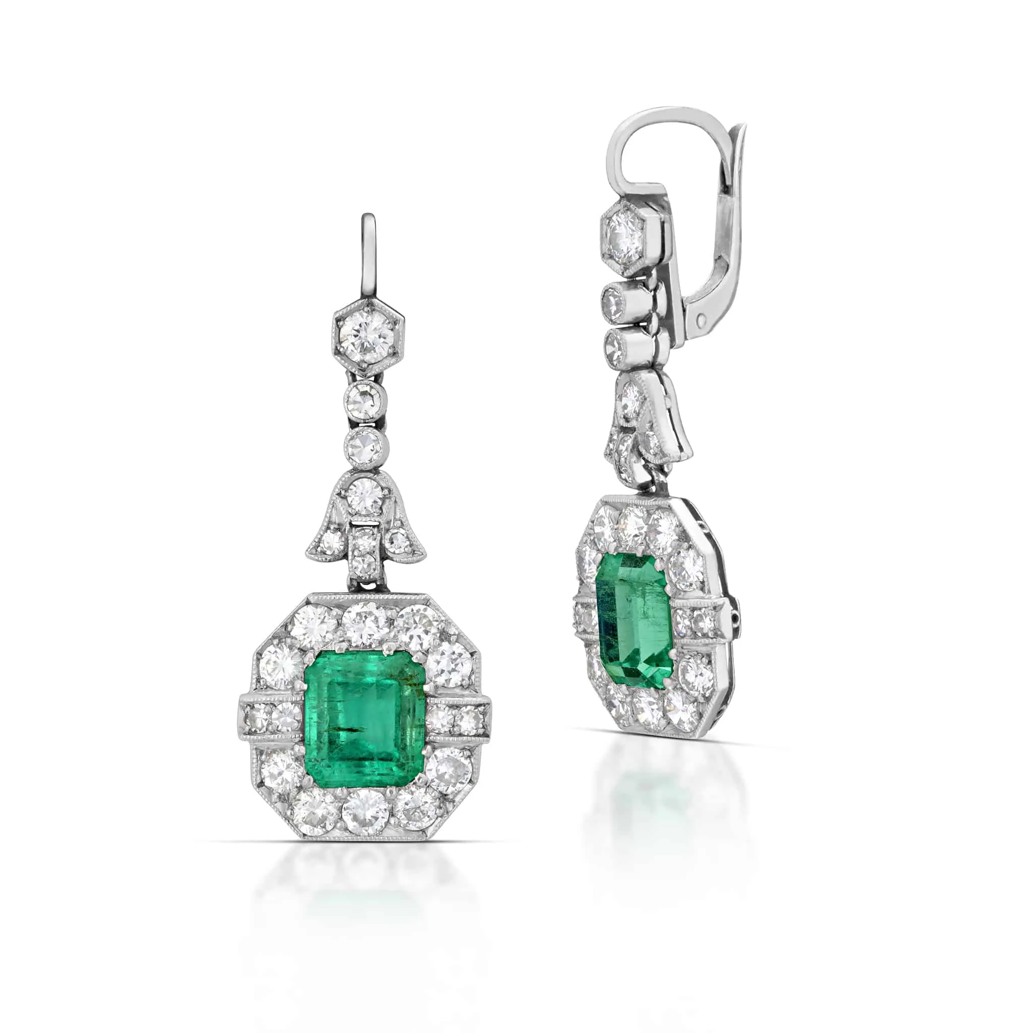 3.40 Carat Antique Emerald and Diamond Drop Earrings