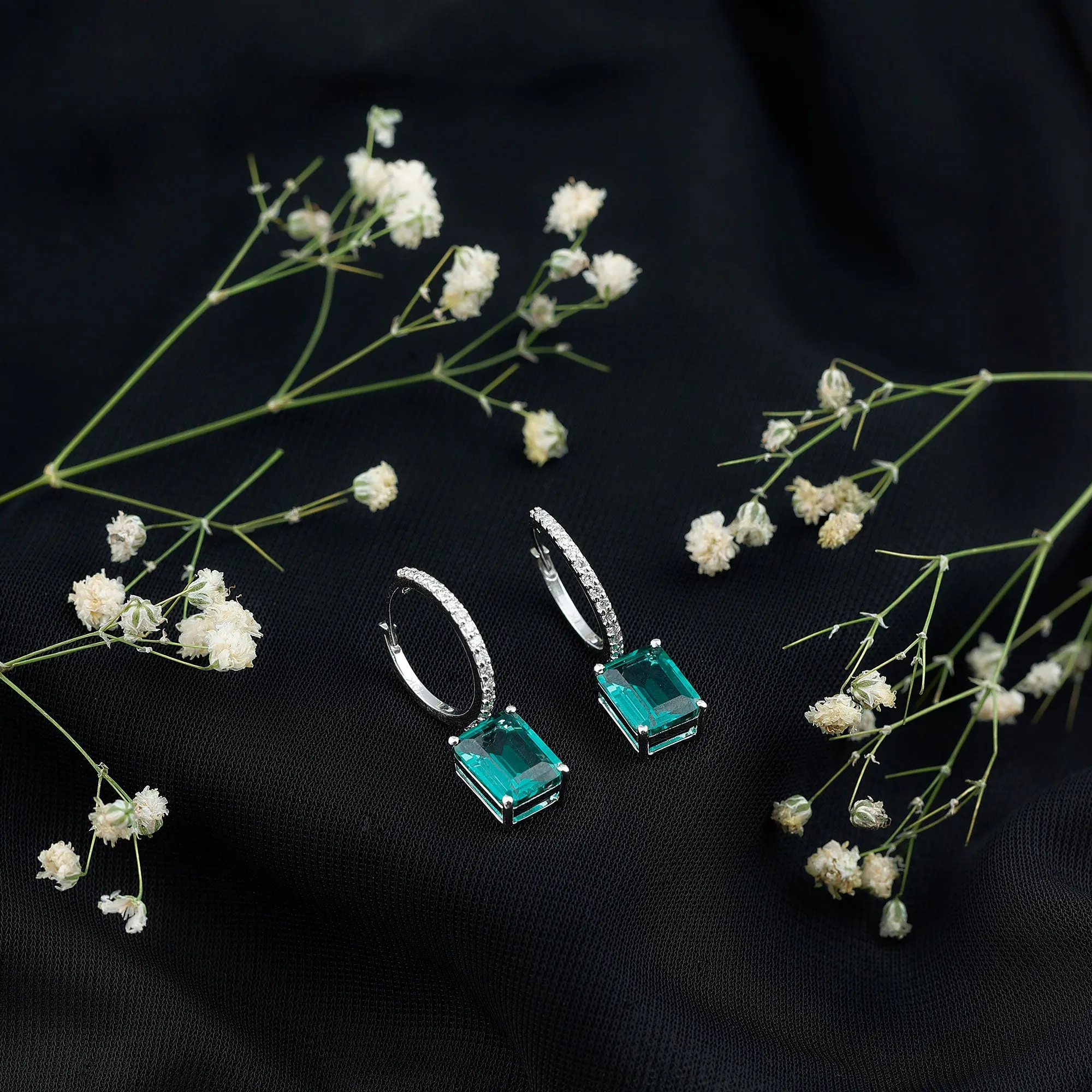 5 CT Octagon Cut Created Emerald Hoop Drop Earrings with Diamond