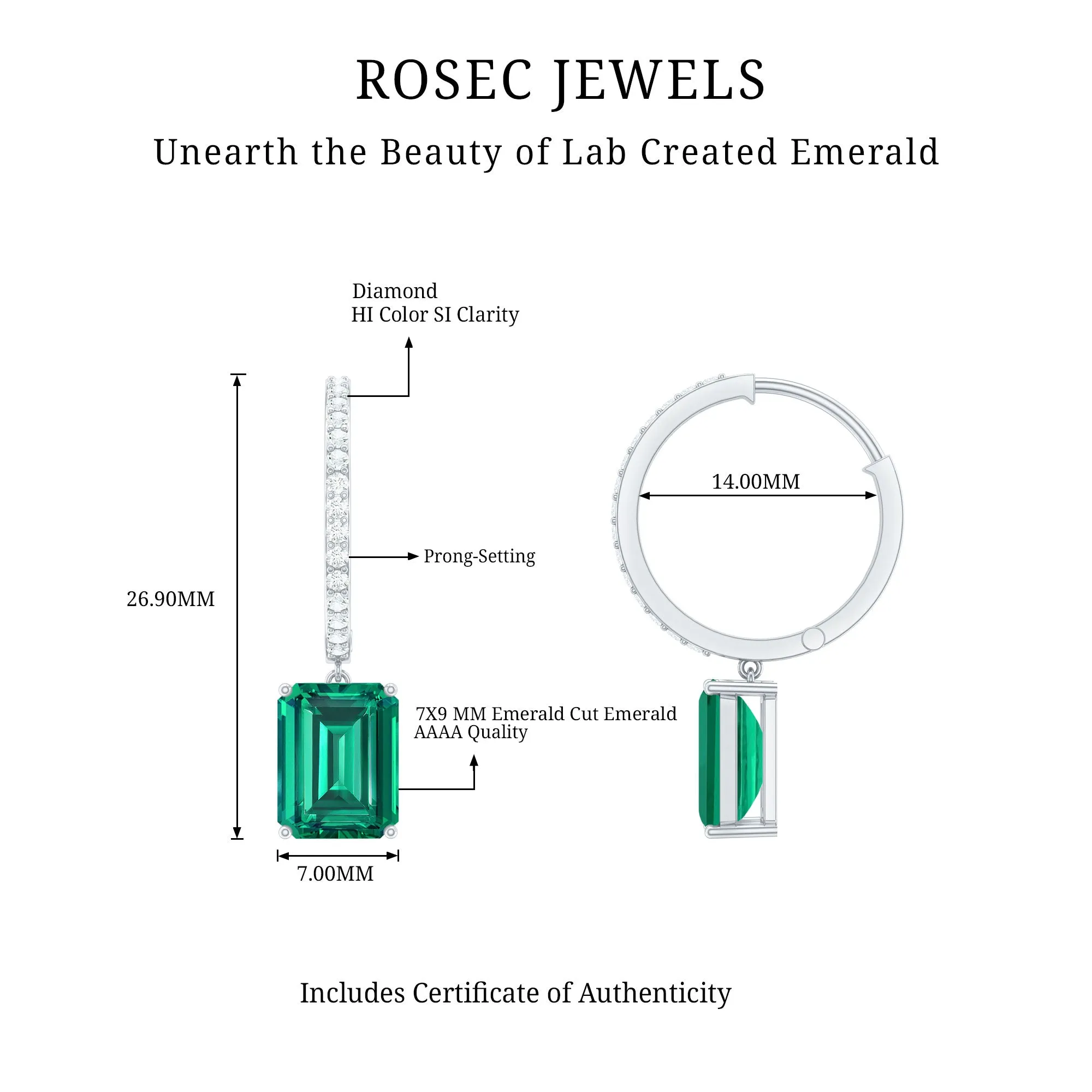 5 CT Octagon Cut Created Emerald Hoop Drop Earrings with Diamond