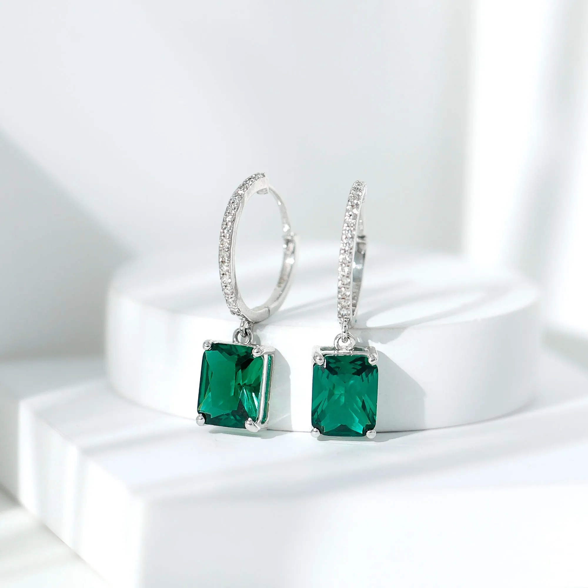 5 CT Octagon Cut Created Emerald Hoop Drop Earrings with Diamond
