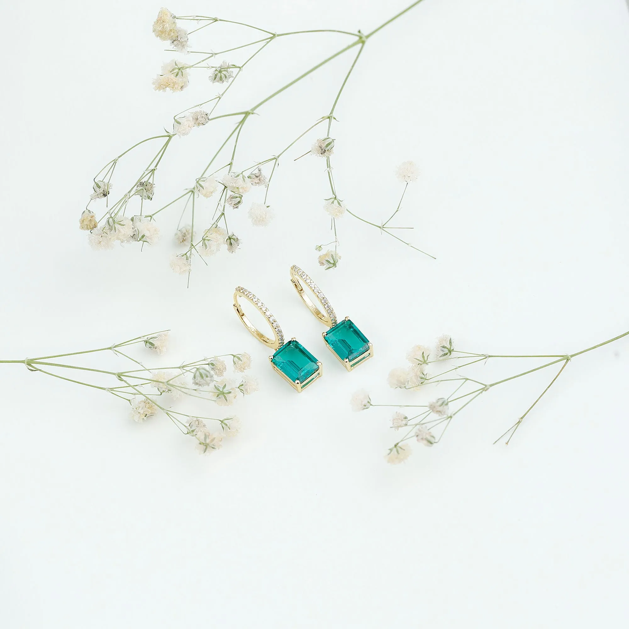 5 CT Octagon Cut Created Emerald Hoop Drop Earrings with Diamond