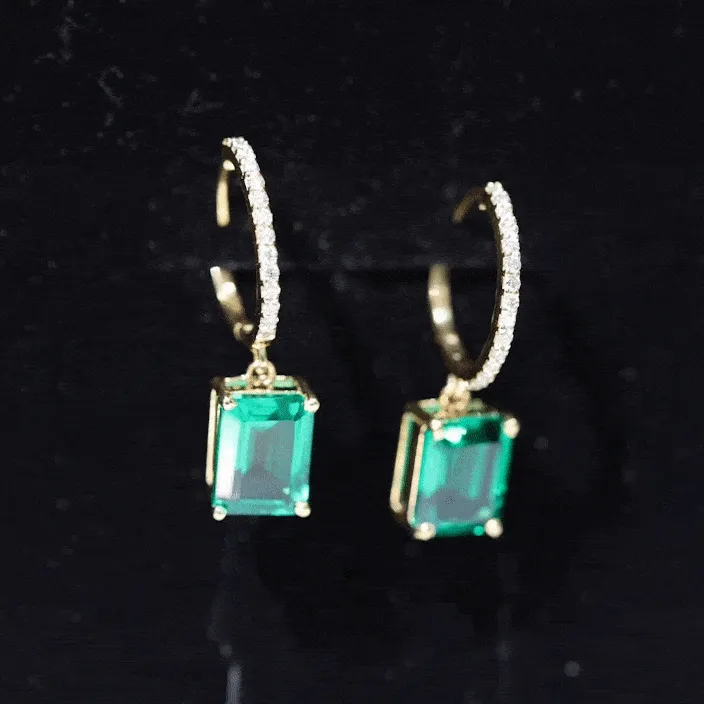 5 CT Octagon Cut Created Emerald Hoop Drop Earrings with Diamond