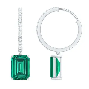 5 CT Octagon Cut Created Emerald Hoop Drop Earrings with Diamond